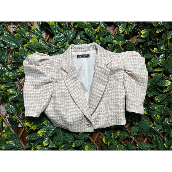 BLITHE LA Pink White Houndstooth Puffy Shoulder Cropped Blazer Top Size S - Picture 1 of 7